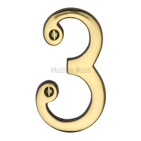 C1561 3-PB • 76mm • Polished Brass • Heritage Brass Face Fixing Numeral 3
